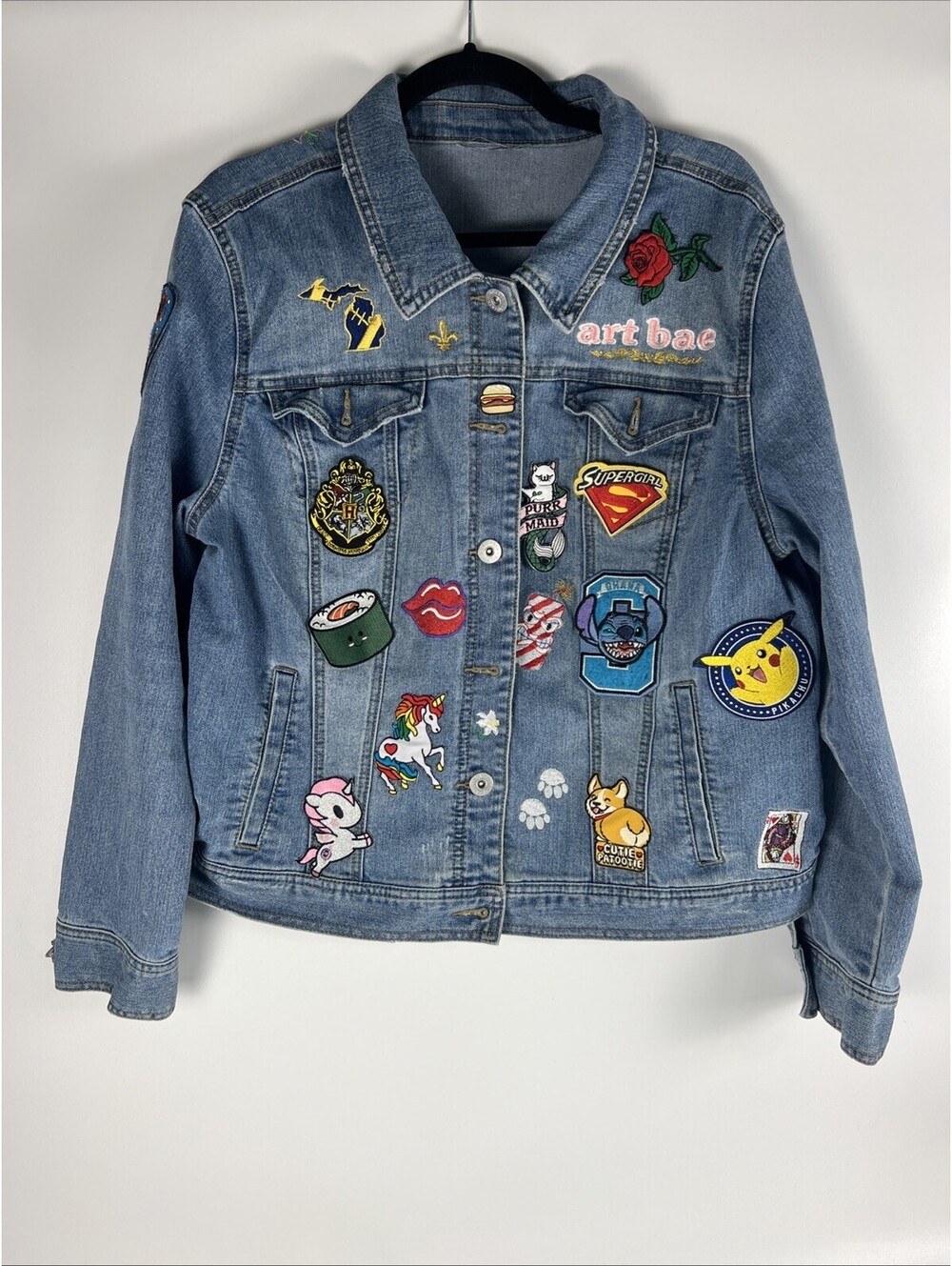 Style & Co. Women's Denim Jacket Customized With Patches-Size XL